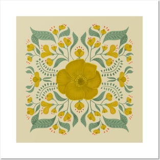 Yellow Boho Symmetrical Floral Posters and Art